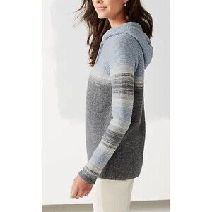 J Jill Women Medium Sweater Blue Gray Chunky Waffle Knit Hooded Pullover Casual